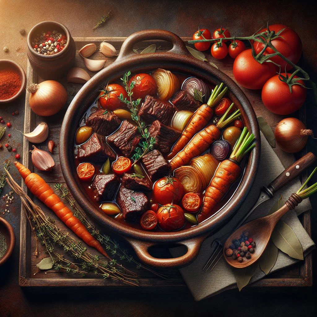Daube Niçoise beef stew in red wine sauce with carrots and black olives