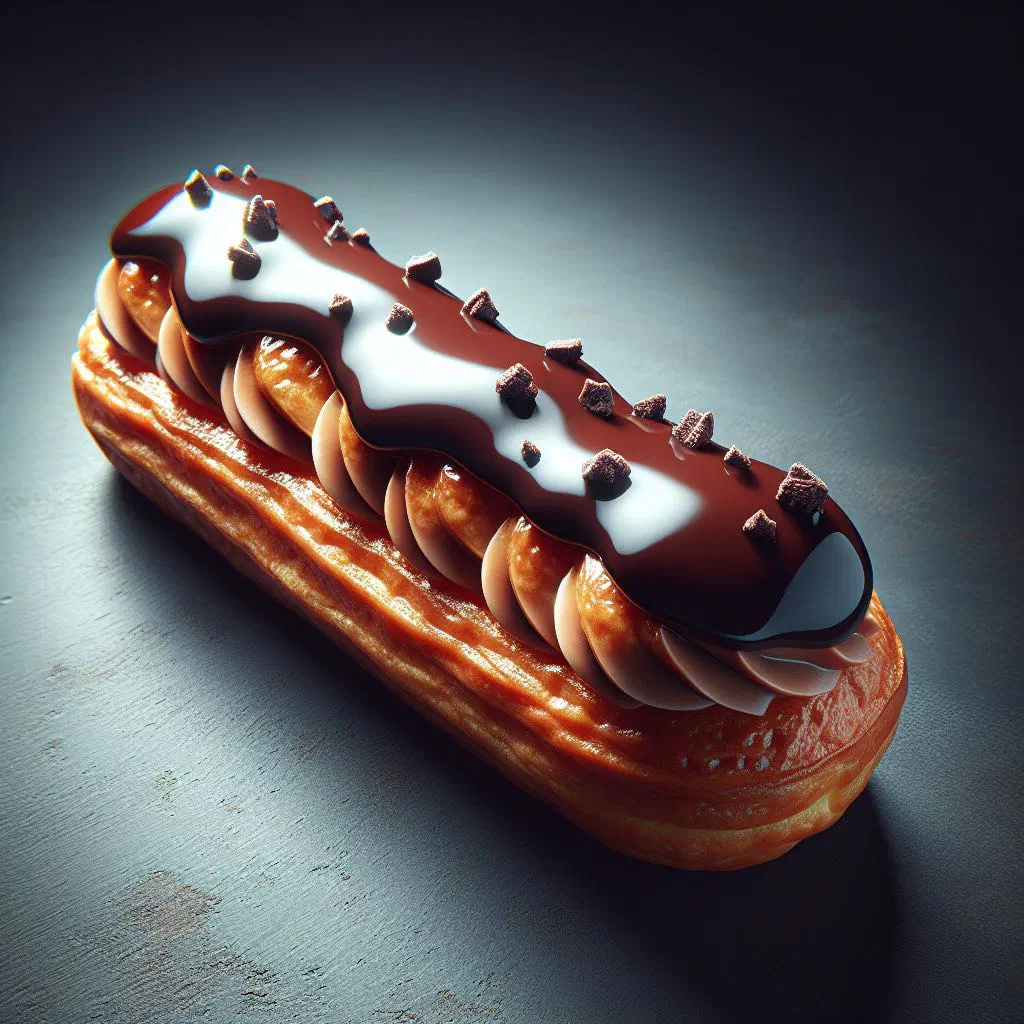 Chocolate-glazed éclairs filled with whipped cream on a plate
