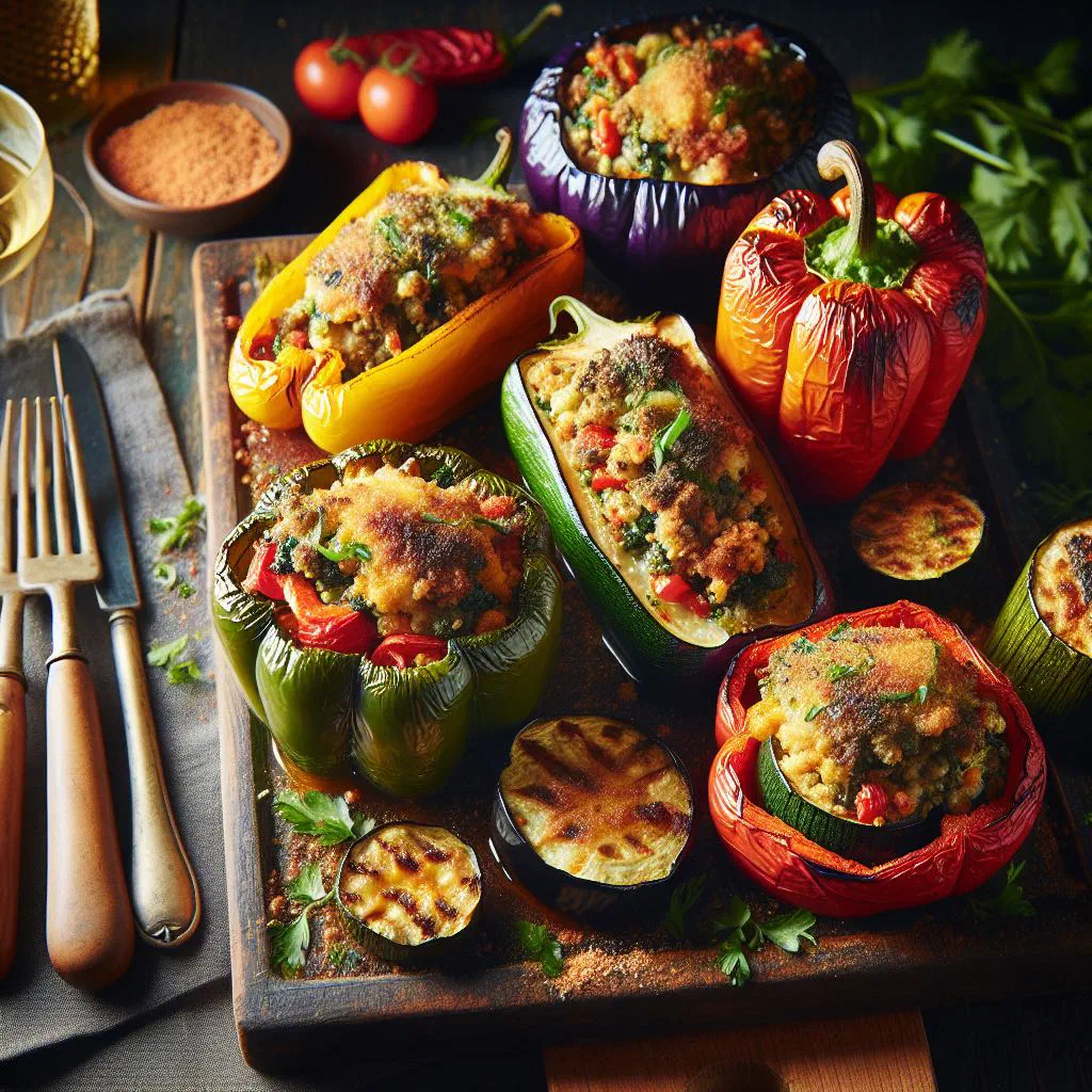 Provençal stuffed vegetables with courgettes, peppers and tomatoes baked golden