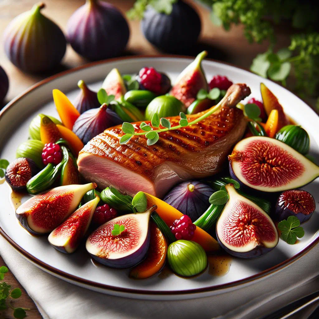 Sliced duck breast fanned out with caramelised figs and red wine sauce
