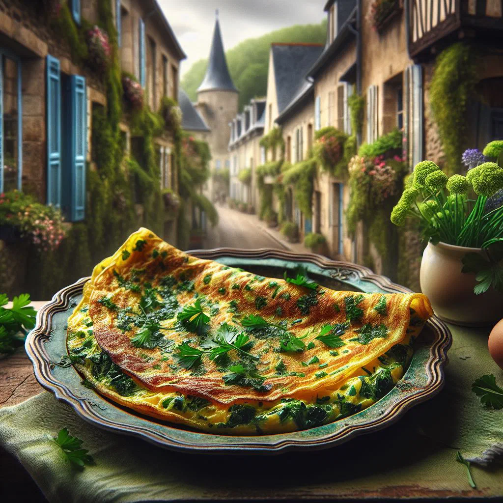 Folded fines herbes omelette garnished with fresh herbs on a plate