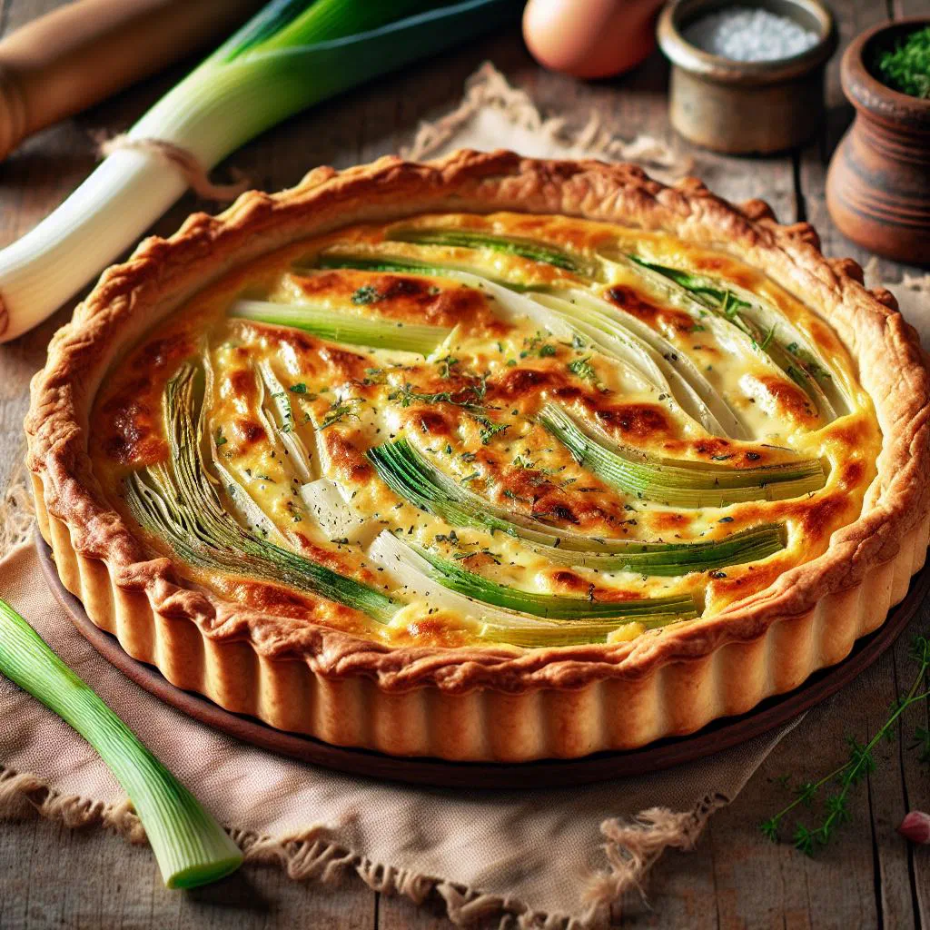 Golden-baked flamiche savoury tart with a creamy vegetable and cheese filling