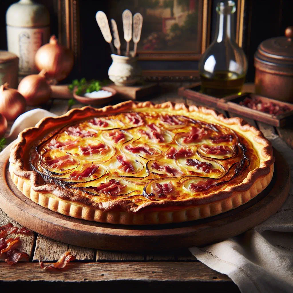 Crispy Flammekueche topped with crème fraîche, onions and bacon