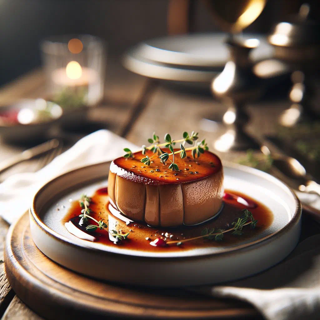 Sliced foie gras served on a wooden board with fresh herbs and baguette