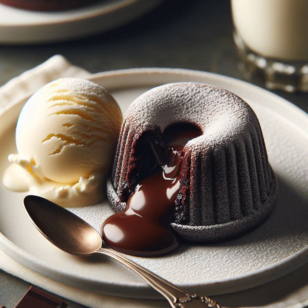 Fondant au chocolat with a molten centre served on a dessert plate