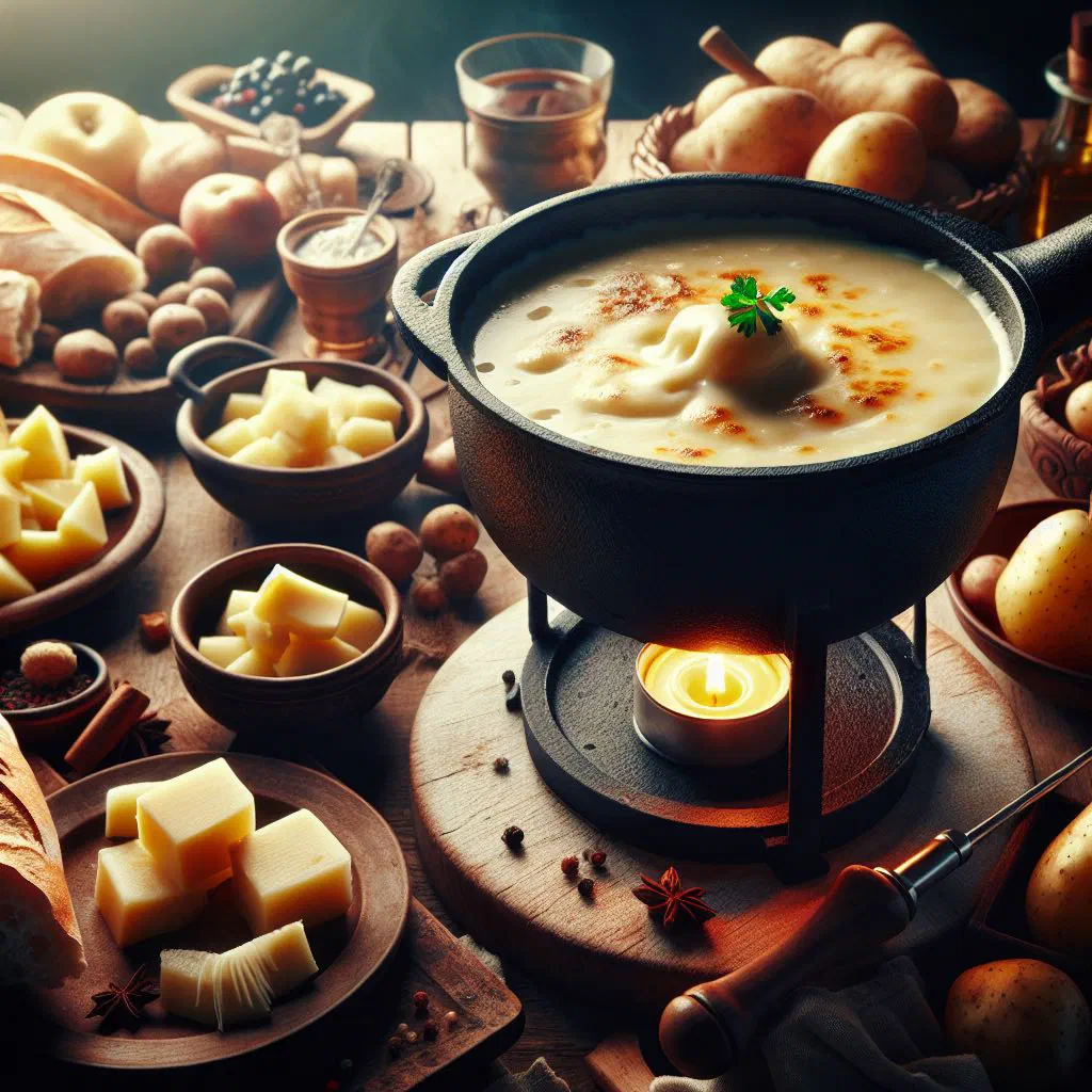 Bubbling cheese fondue in a pot with cubes of crusty bread for dipping