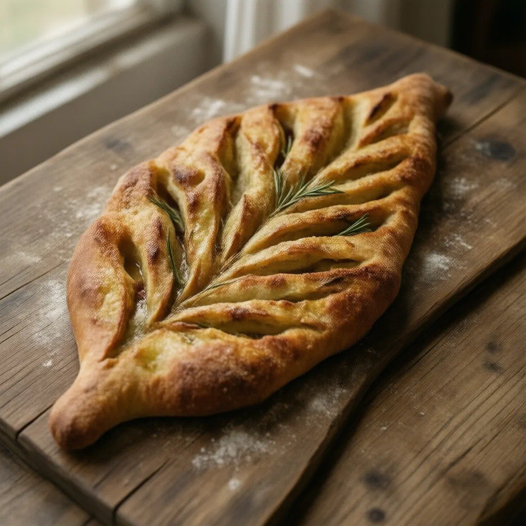 Golden leaf-shaped fougasse bread brushed with olive oil and herbs