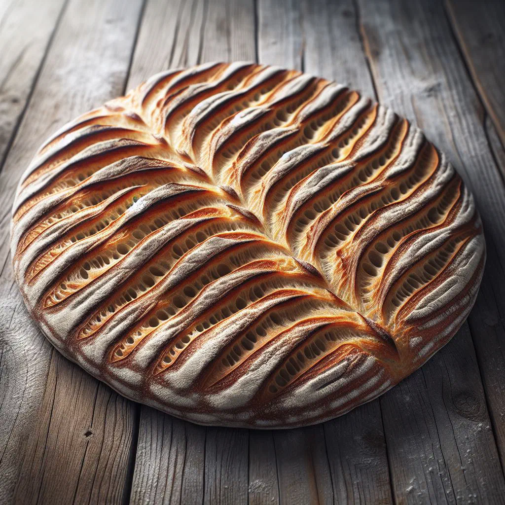 Golden leaf-shaped fougasse bread brushed with olive oil and herbs