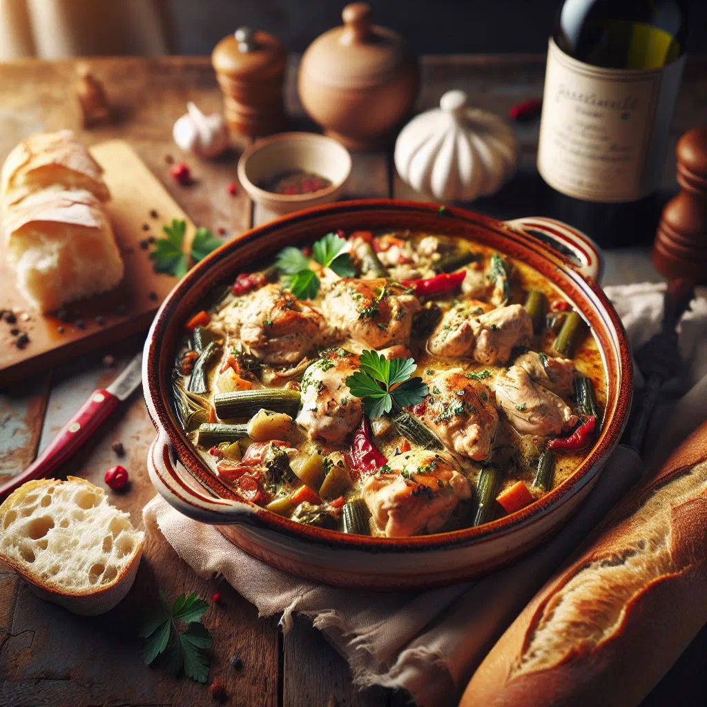 Creamy French chicken fricassée garnished with fresh thyme