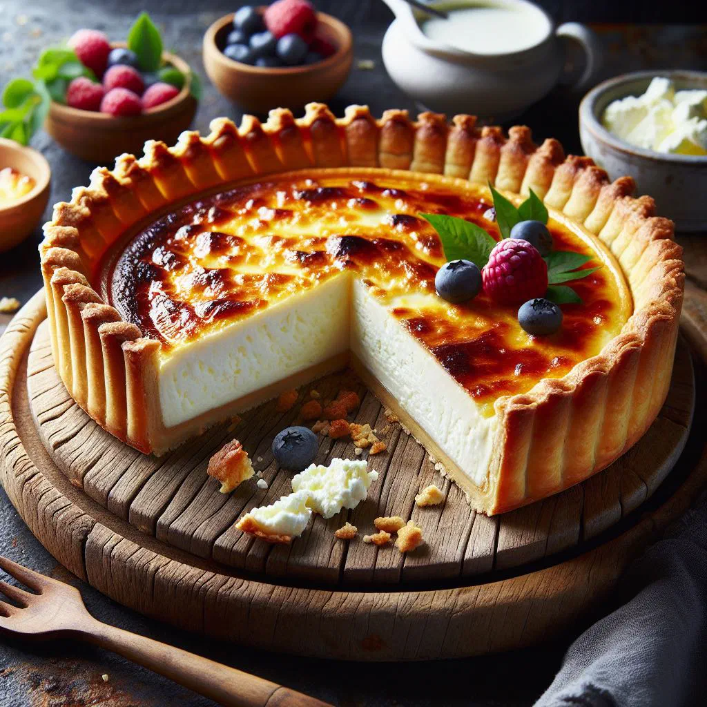 Fromage blanc tart with a golden crust topped with fresh berries
