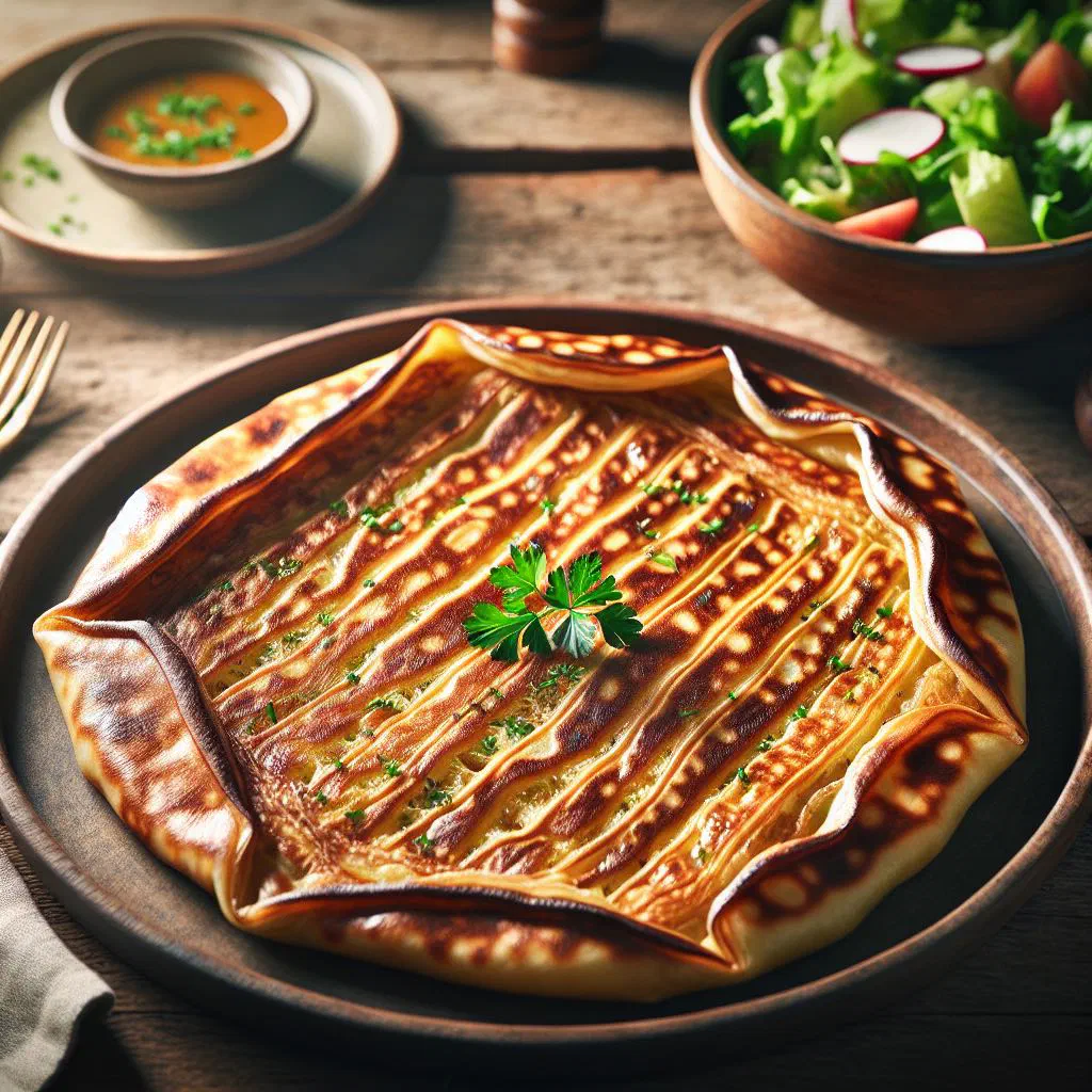 Folded buckwheat galette bretonne filled with cheese and ham