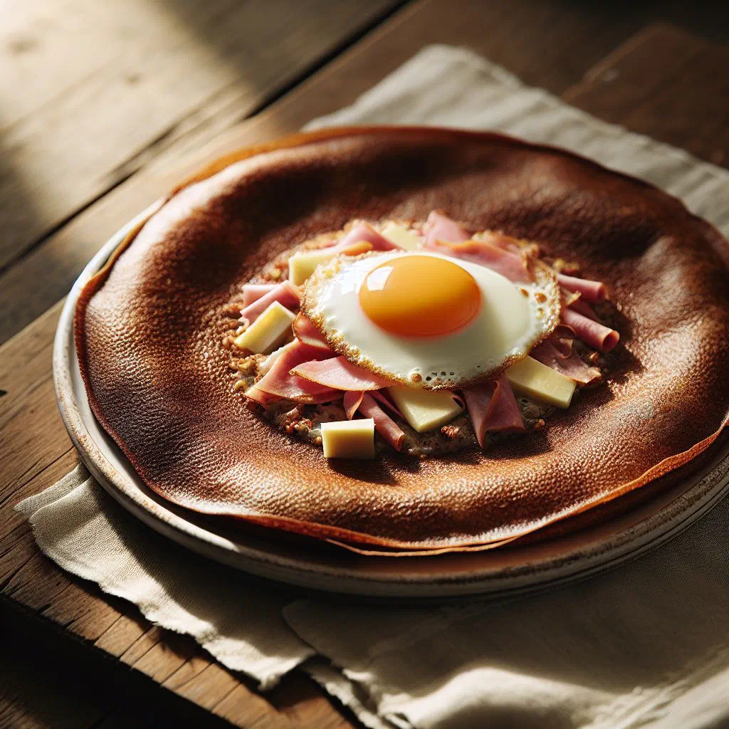 Folded buckwheat galette filled with cheese and ham