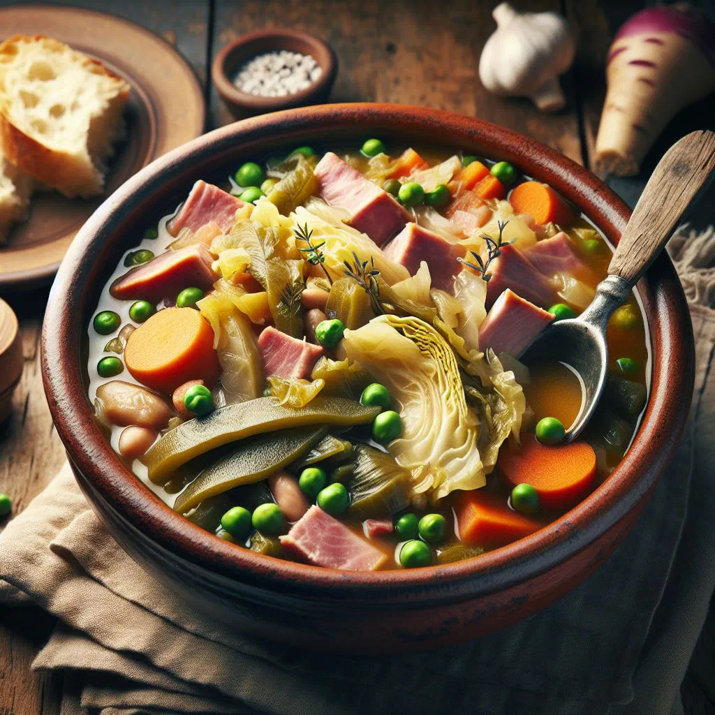 A rustic bowl of garbure soup with vegetables, white beans and ham