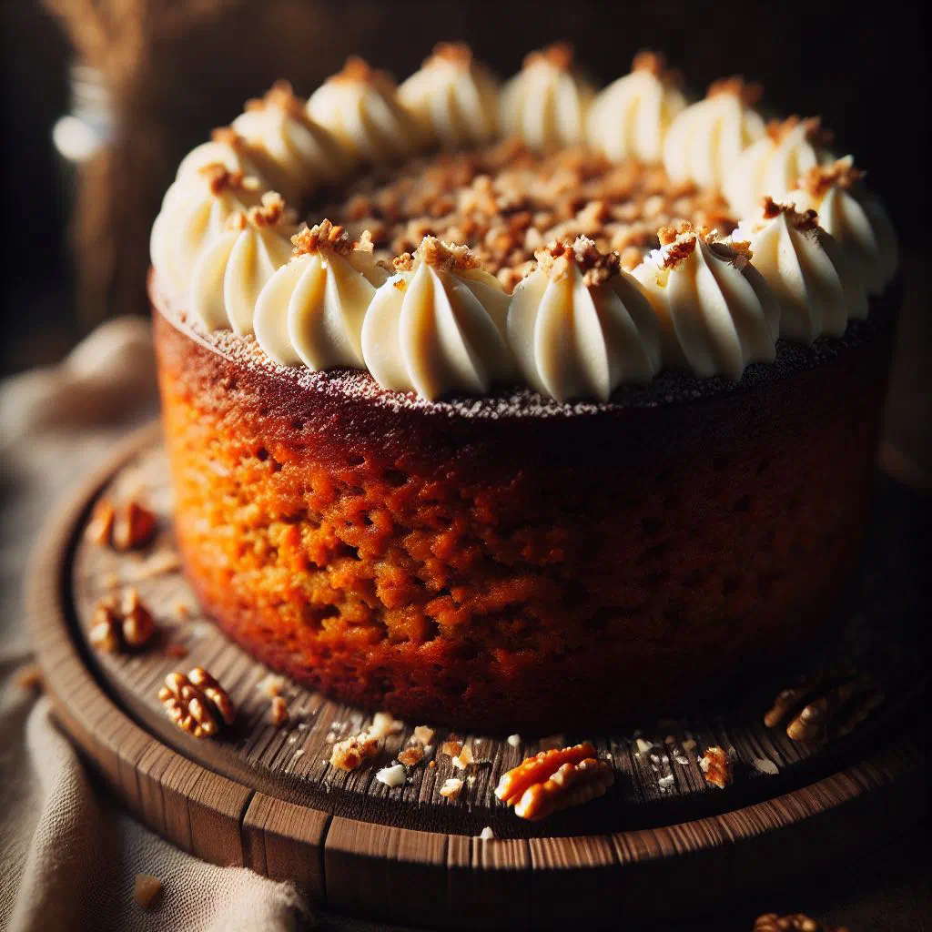 Slice of moist French carrot cake with cream cheese frosting