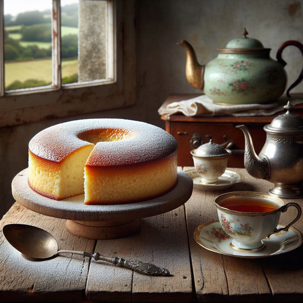 Golden baked French gâteau de riz dusted with sugar