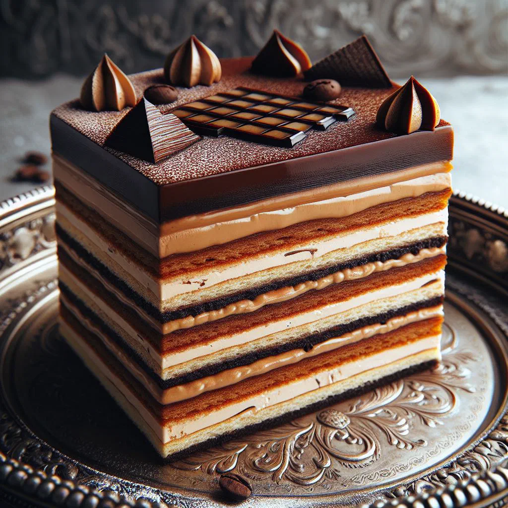 Slice of Gâteau Opéra showing layers of almond sponge, coffee buttercream and dark chocolate glaze