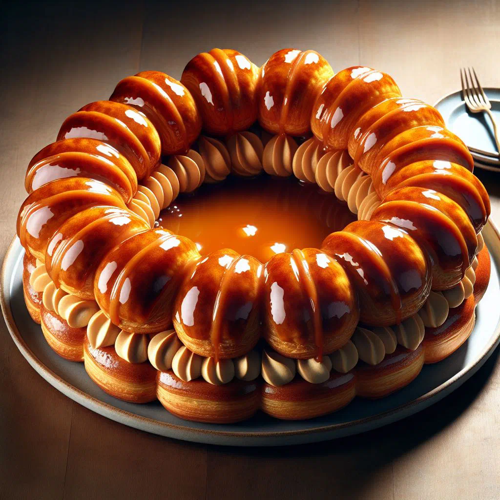 Gâteau Saint-Honoré with cream-filled choux buns and piped Chiboust cream