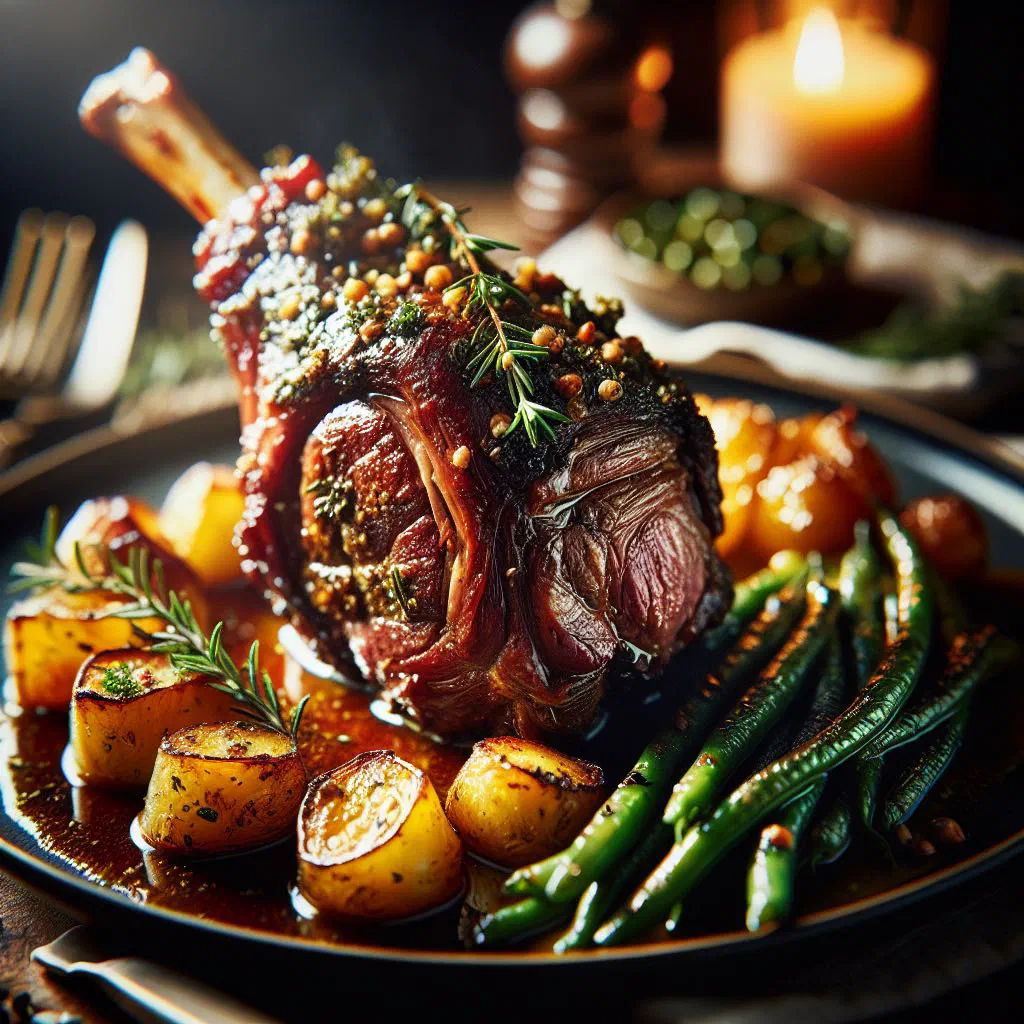 Roasted leg of lamb studded with garlic and fresh herbs on a serving platter