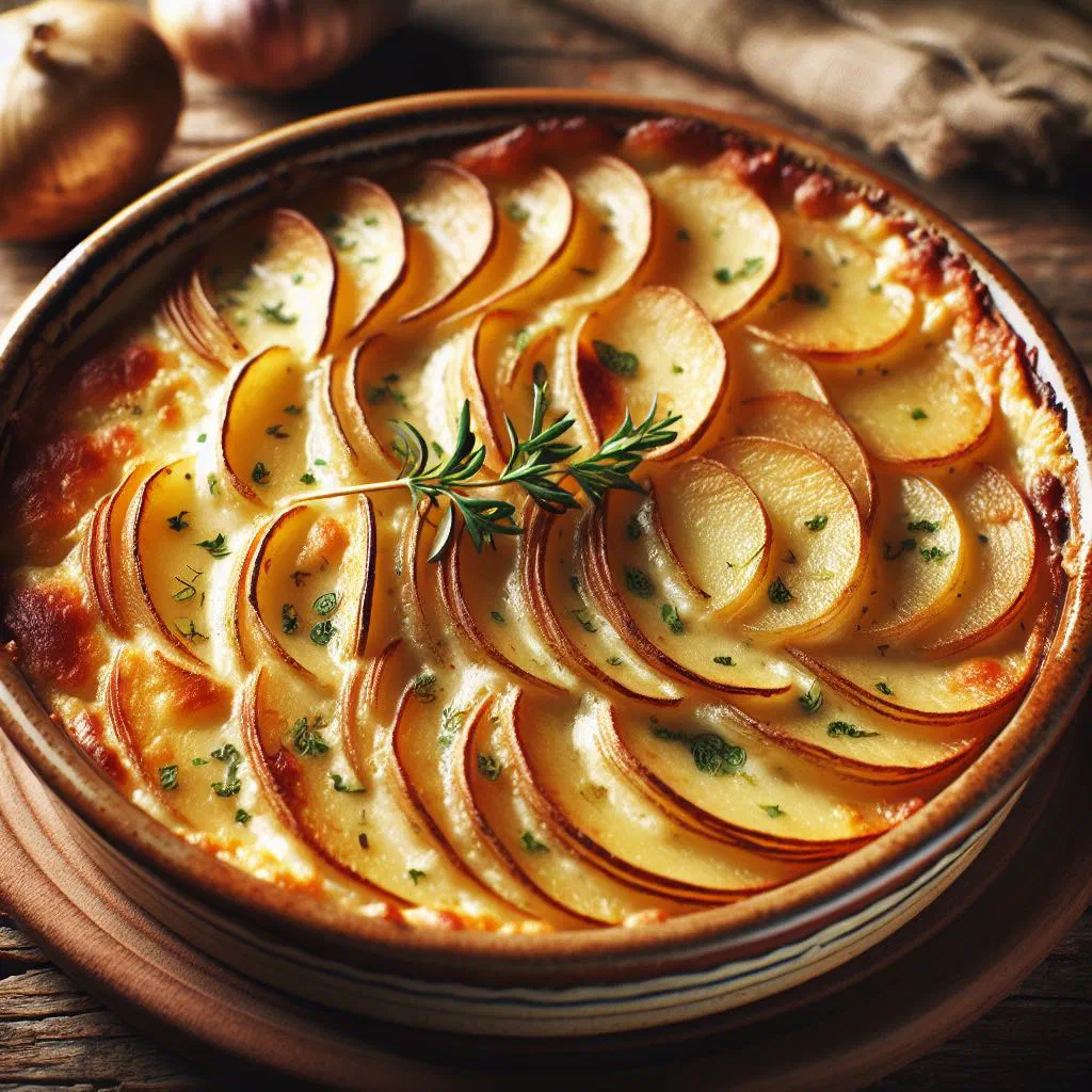 Golden, bubbling gratin dauphinois with creamy layered potatoes in a baking dish