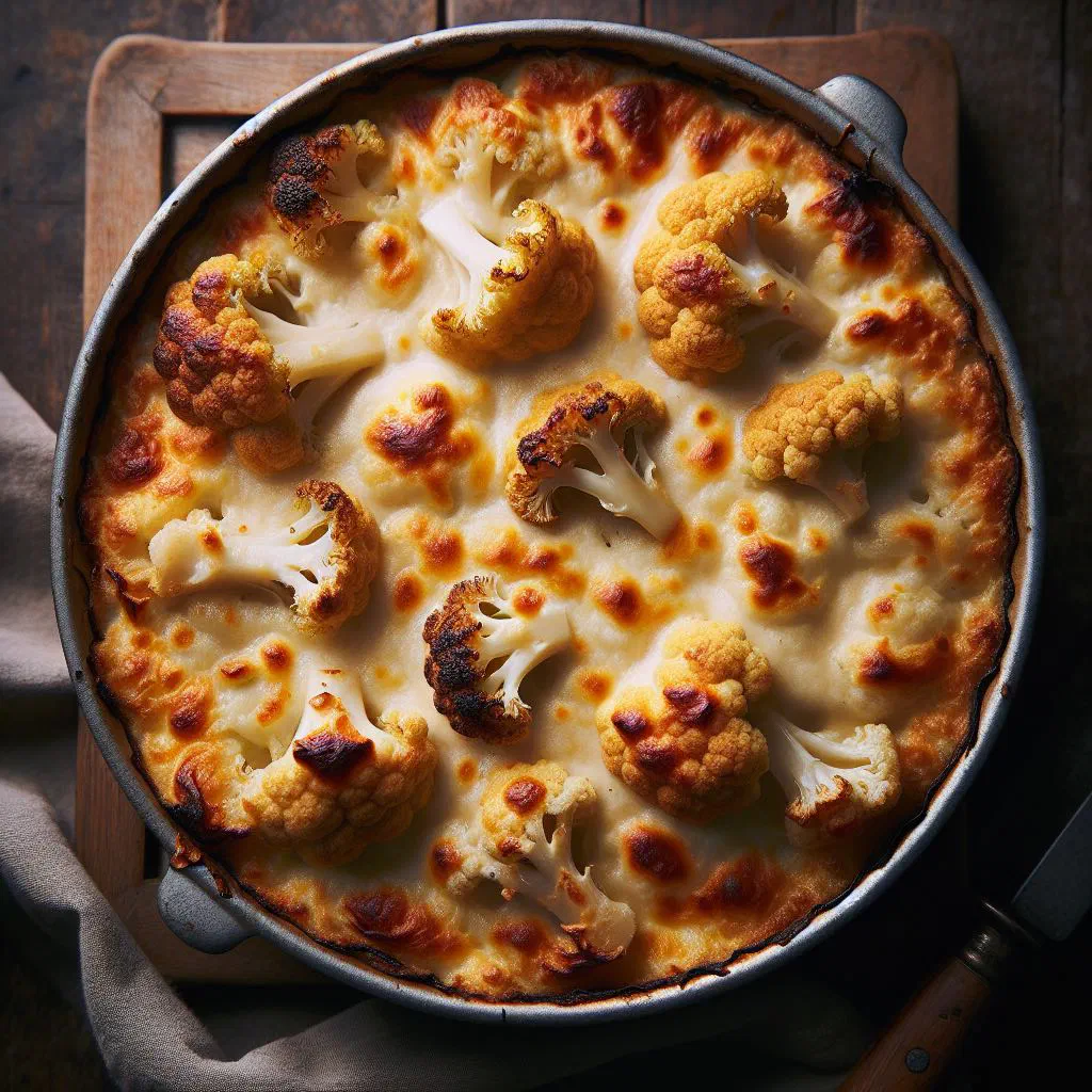 Golden baked cauliflower gratin in a dish with bubbling cheese topping
