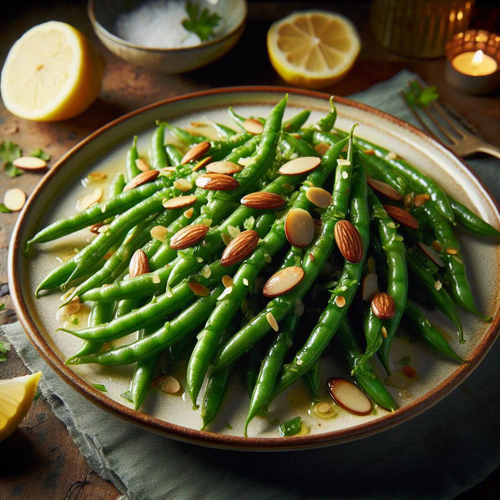 Green beans tossed with toasted flaked almonds in a buttery lemon sauce