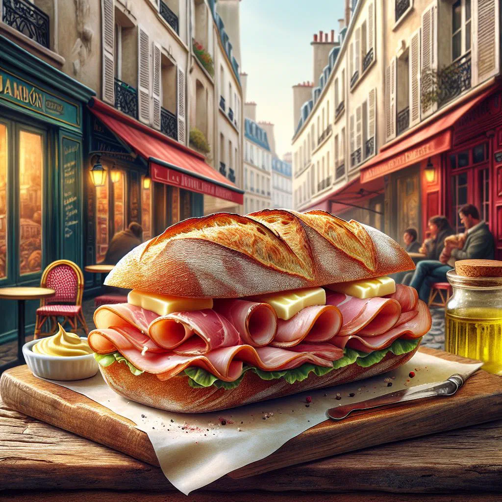 Jambon-beurre baguette sandwich with ham and butter, sliced on a board