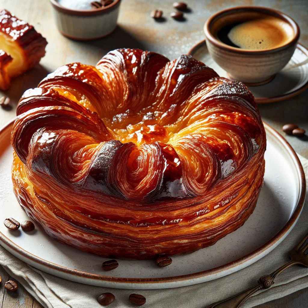 Golden caramelised kouign-amann pastry with flaky layers