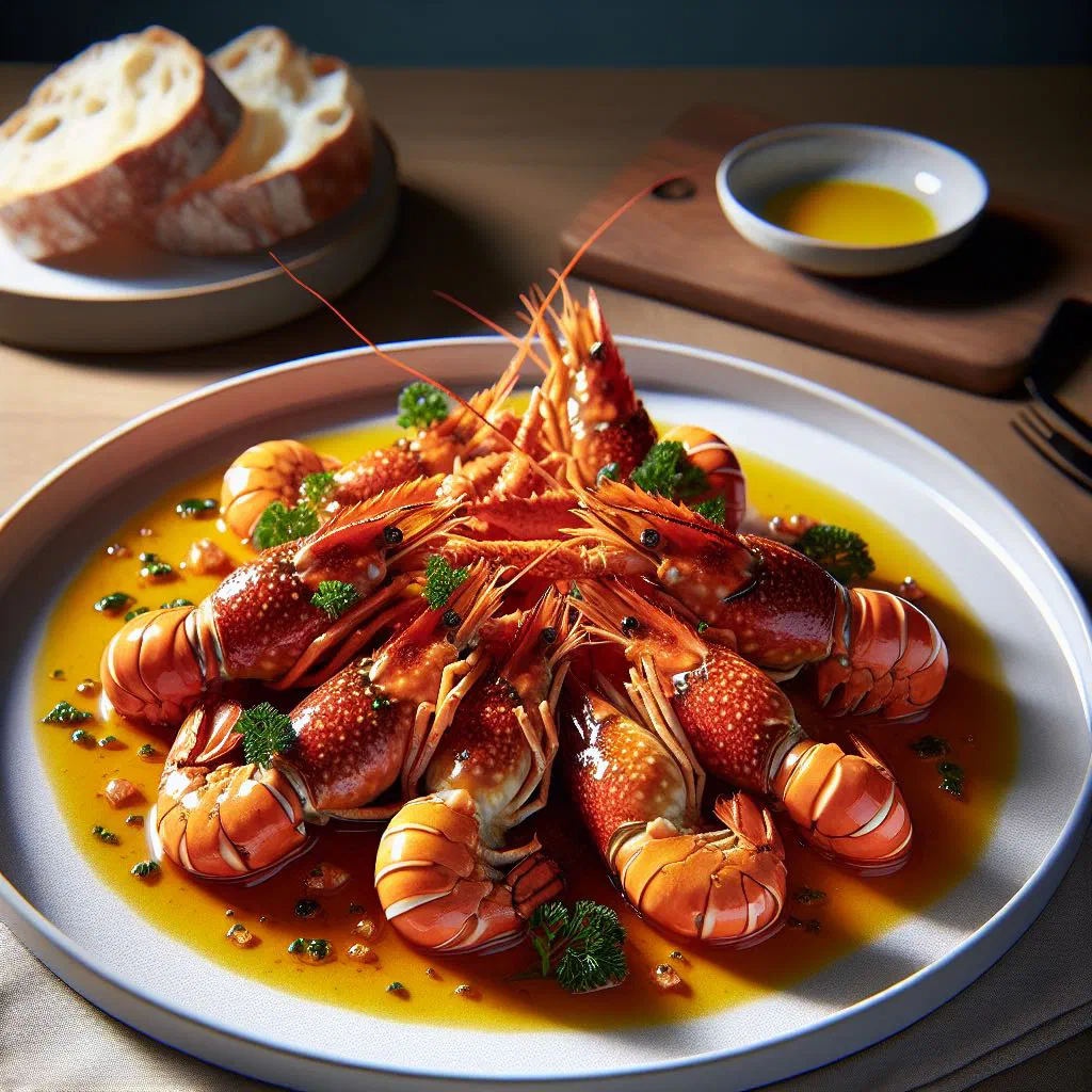 Langoustines au beurre served in herb butter with fresh parsley and lemon