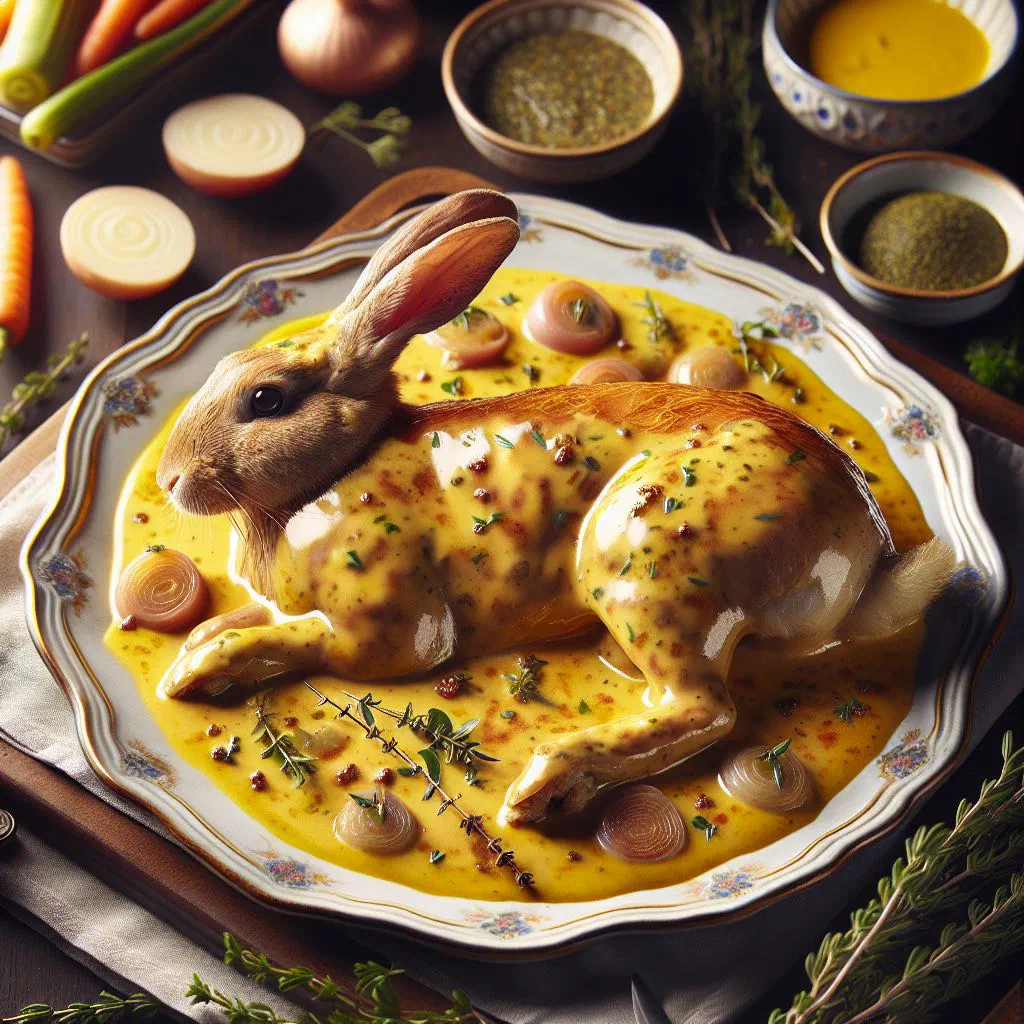 Braised rabbit in a creamy Dijon mustard sauce with thyme
