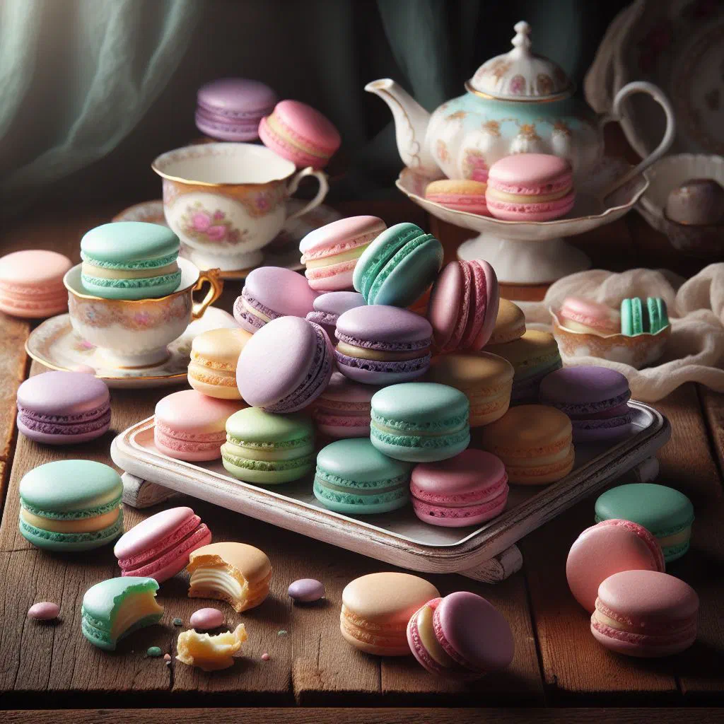 Brightly coloured French macarons arranged on a plate