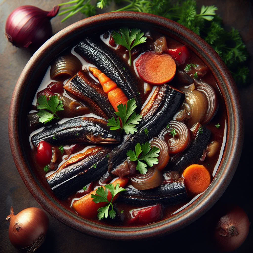 Eel pieces simmered in a herby white wine sauce, garnished with fresh parsley