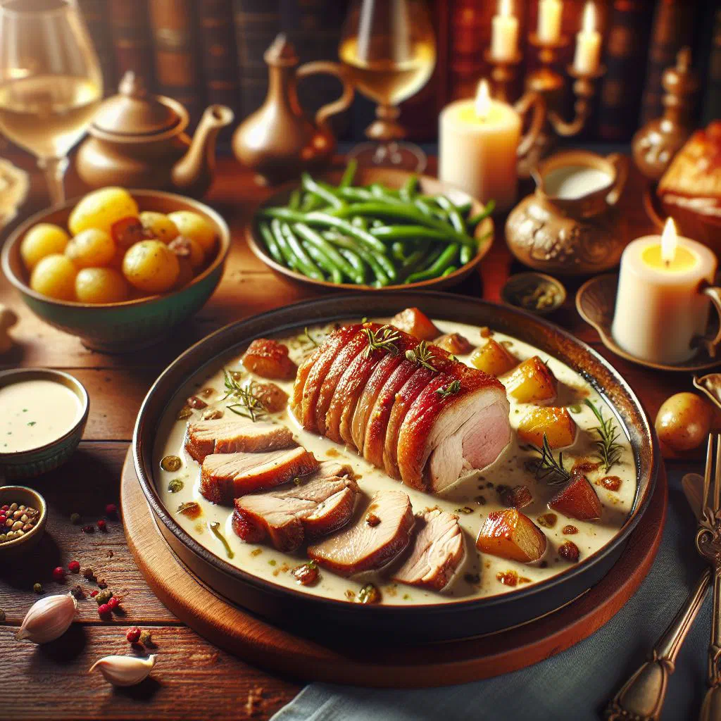 Sliced milk-braised pork roast served with a creamy sauce and fresh herbs