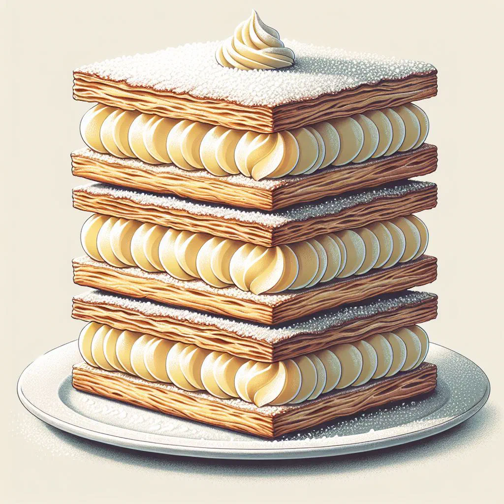 Layered mille-feuille with vanilla custard and dusted icing sugar