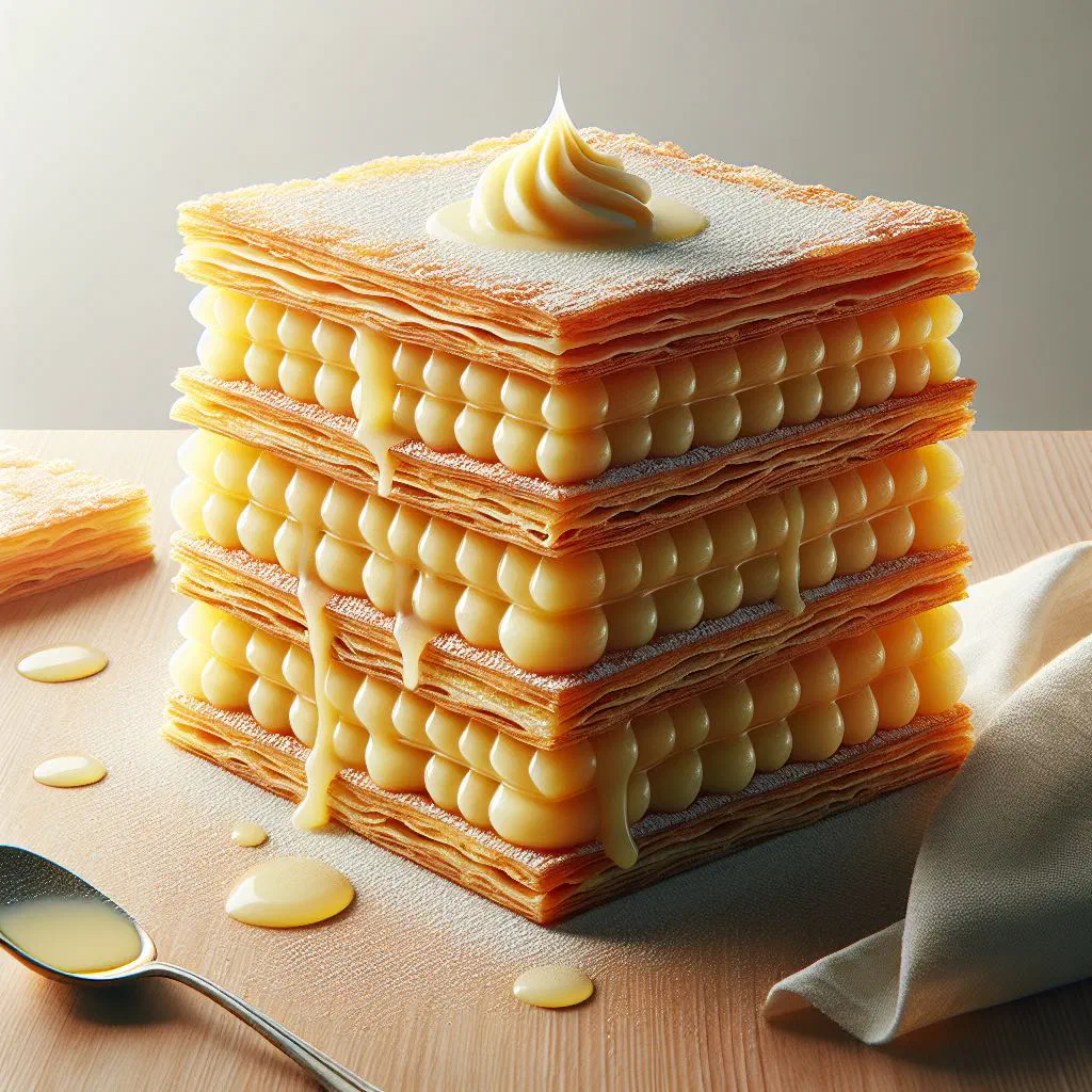 Layered millefeuille with crisp puff pastry, vanilla custard and icing