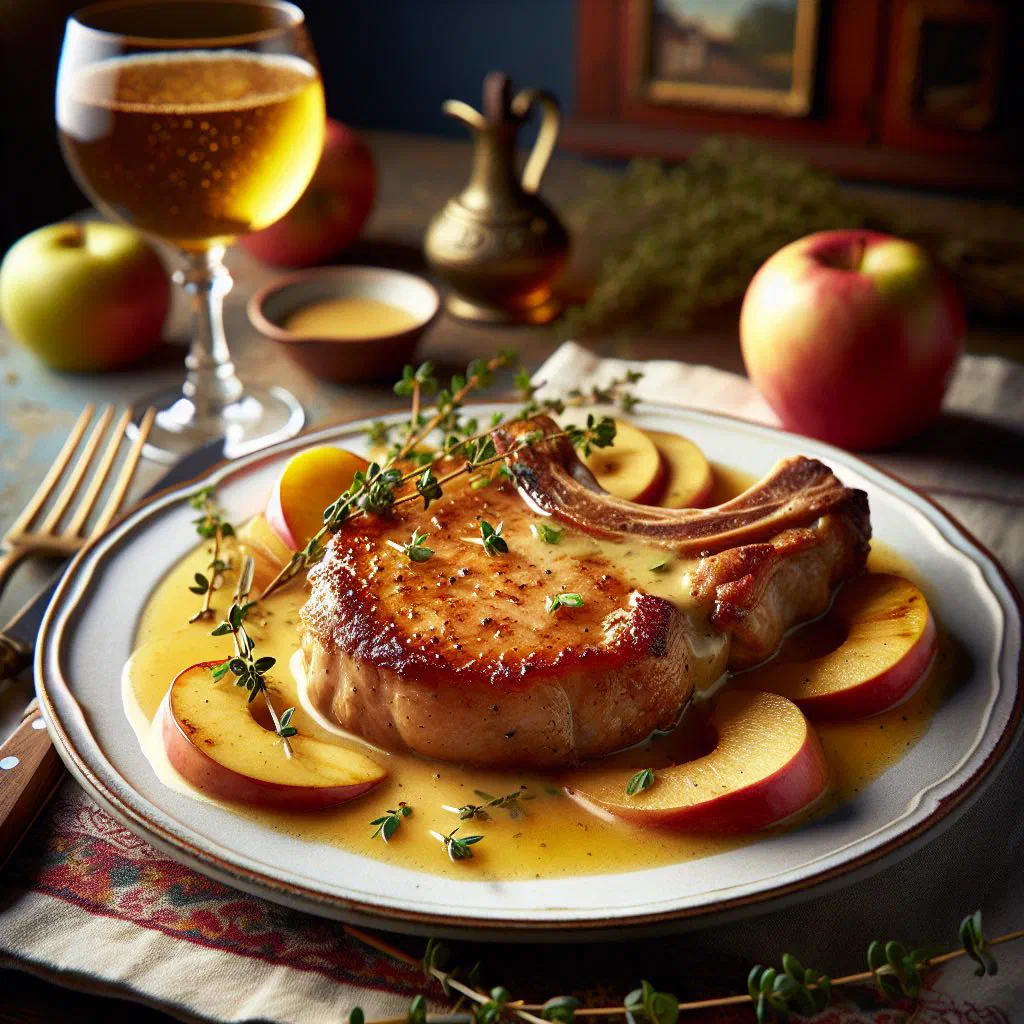 Pan-fried pork chops in a creamy apple and Calvados sauce, garnished with parsley