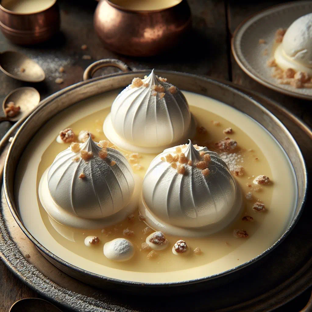 Soft poached meringue clouds floating in vanilla custard