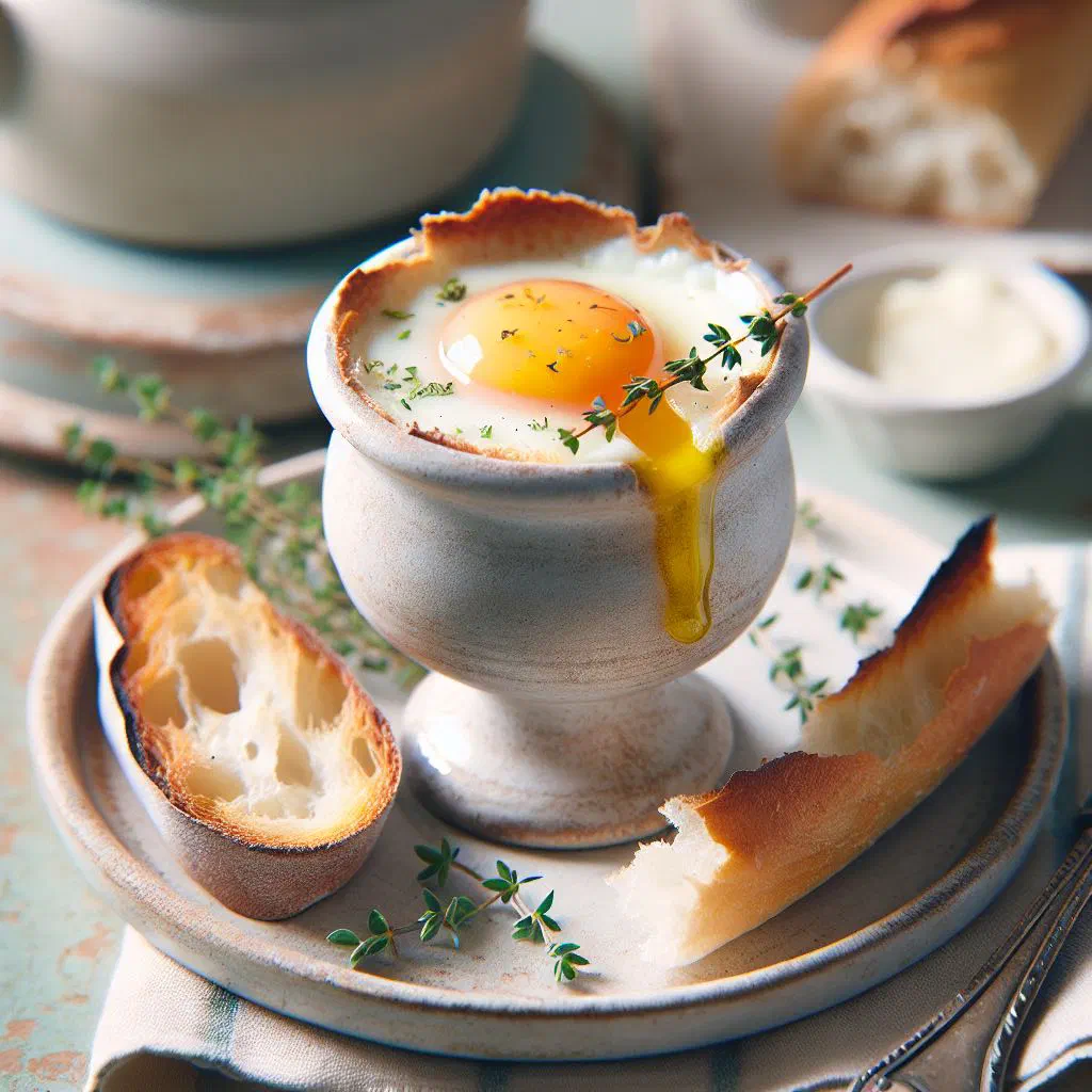 Oeufs cocotte baked in a ramekin with cream and fresh herbs