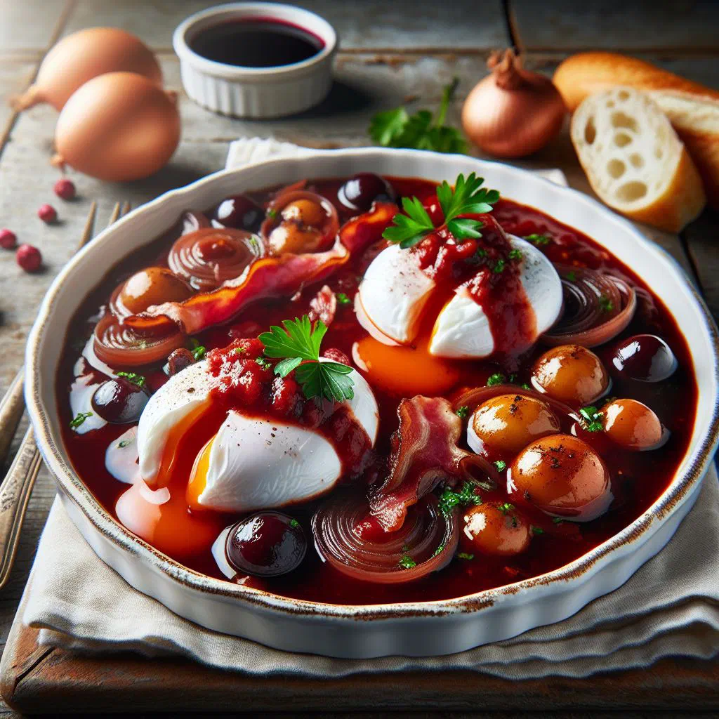 Poached eggs in a rich red wine sauce with bacon and herbs