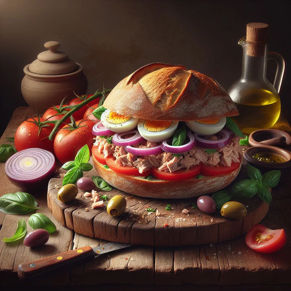 Pain bagnat sandwich filled with tuna, tomato, egg and black olives