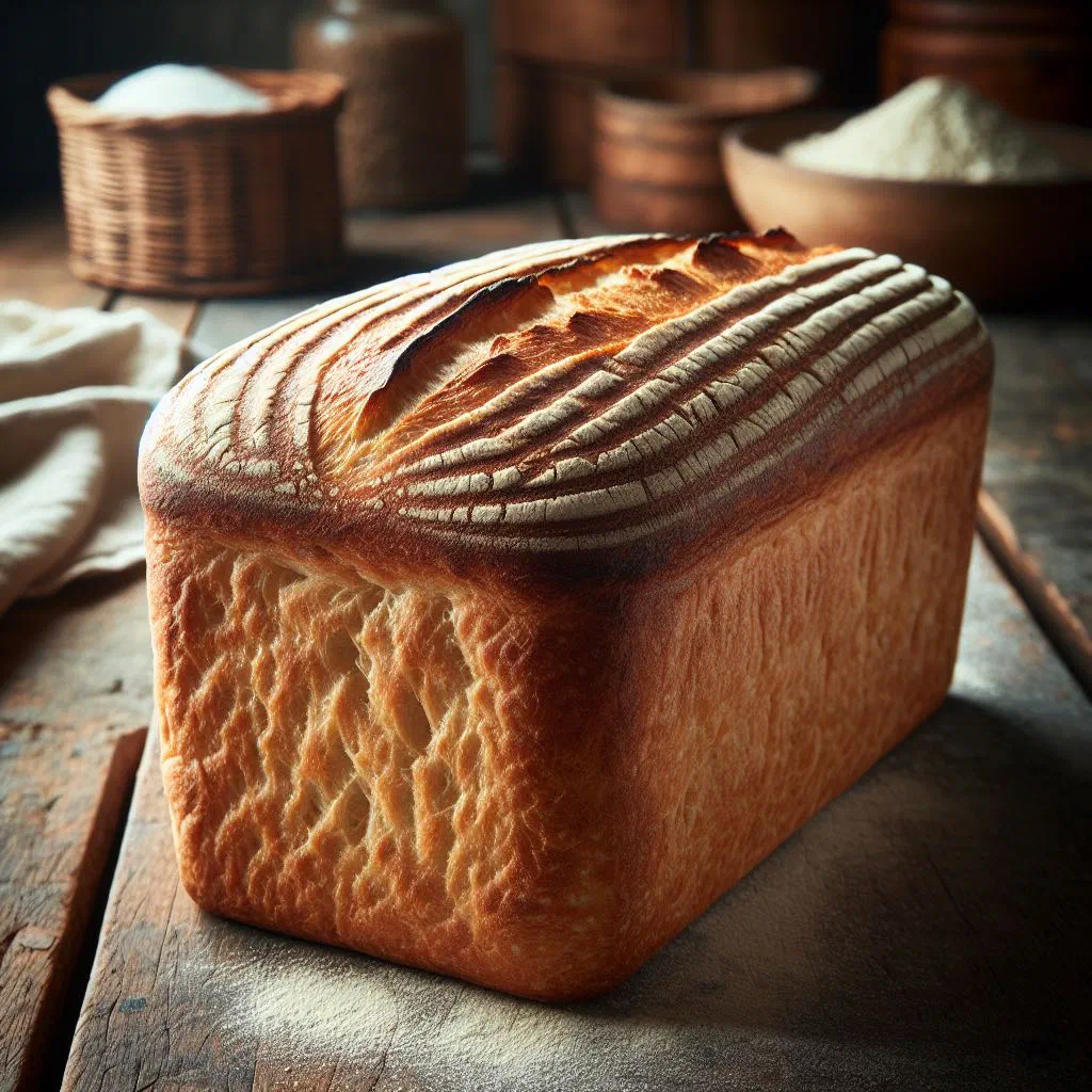 A soft golden loaf of pain de mie with a fine, even crumb