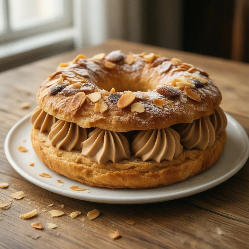 Ring-shaped Paris-Brest filled with praline cream and dusted with icing sugar