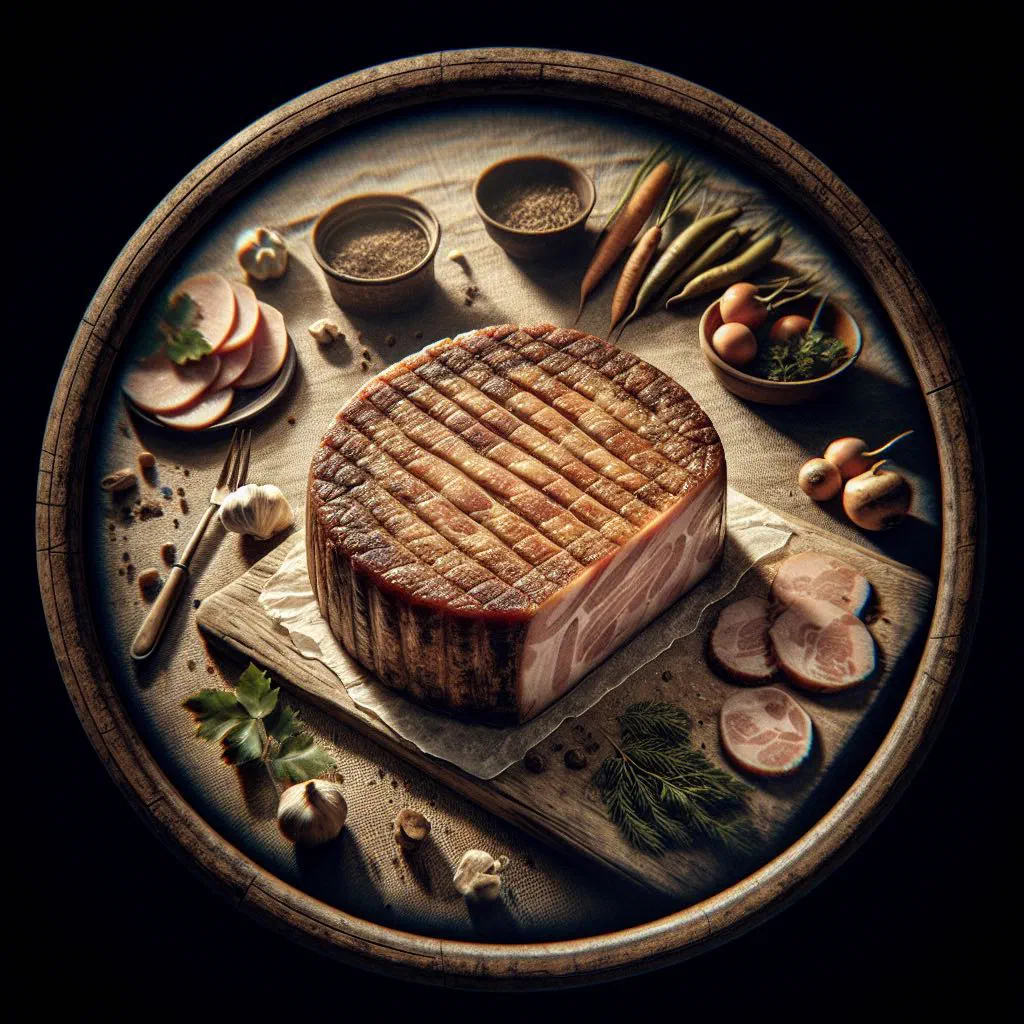Sliced country-style pâté de campagne on a wooden board with baguette and gherkins