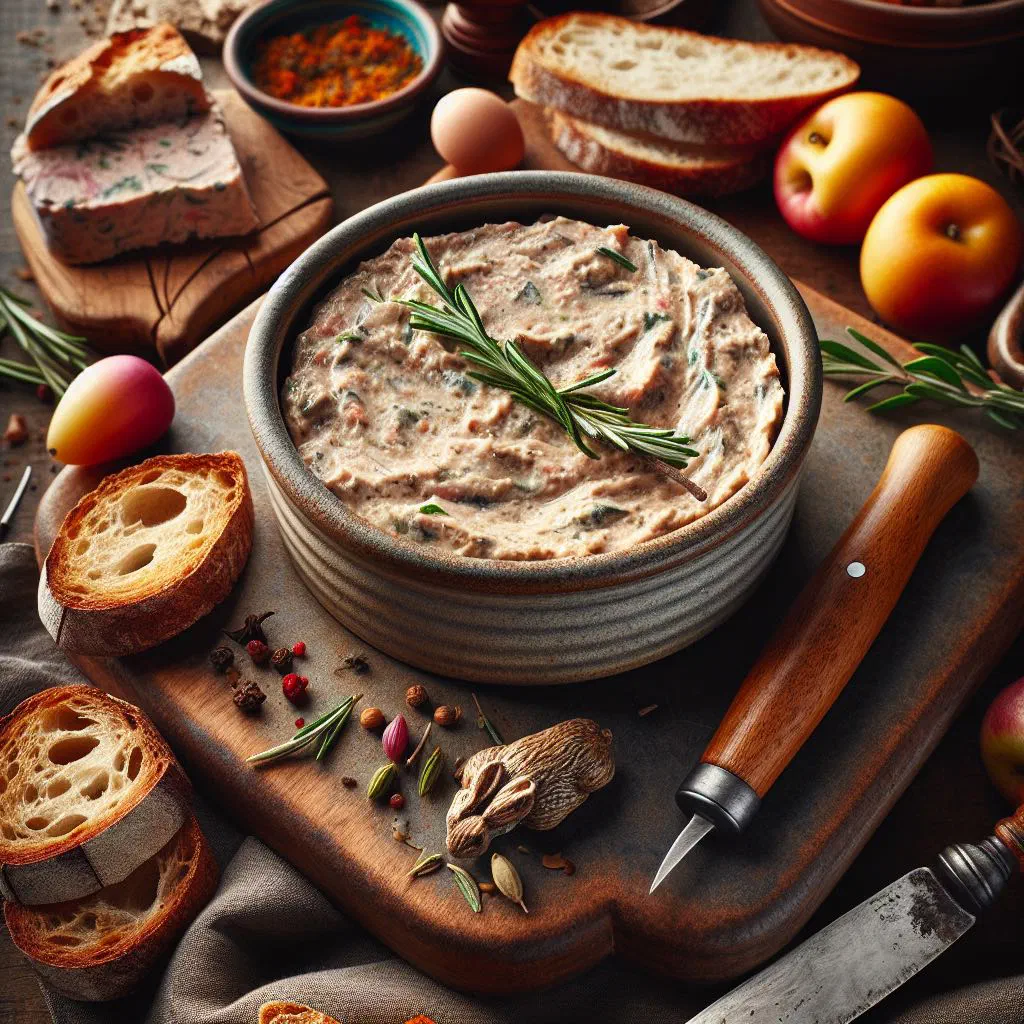 Sliced rabbit pâté served in a rustic terrine with fresh herbs
