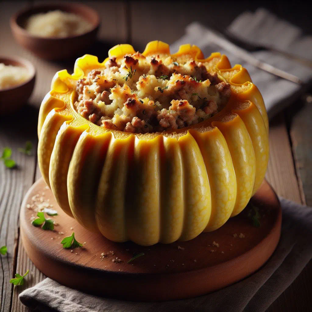 Stuffed pattypan squash topped with grated cheese on a white plate