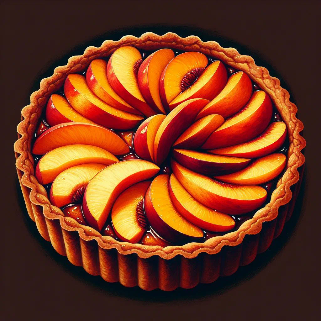 Golden French peach tart with sliced peaches in a creamy custard filling