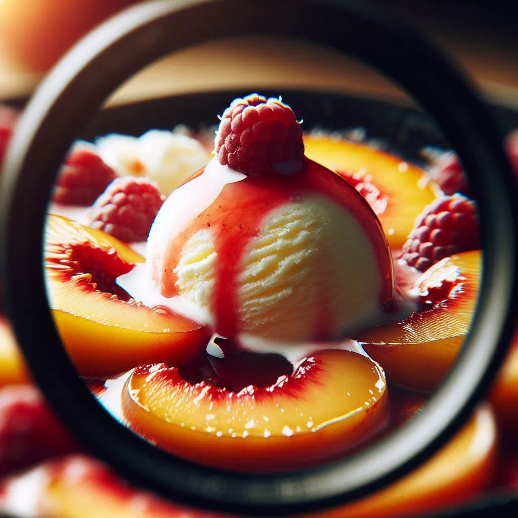 Poached peach halves with vanilla ice cream and raspberry sauce, garnished with mint