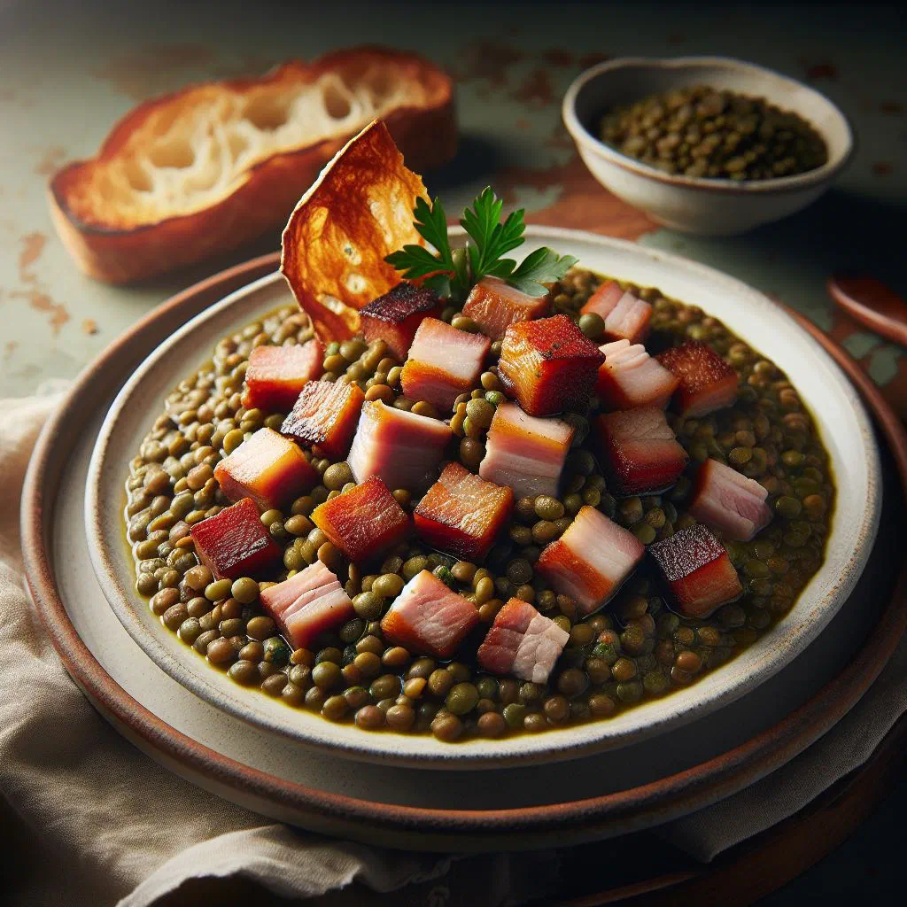 Petit salé aux lentilles with tender pork and green lentils in a bowl