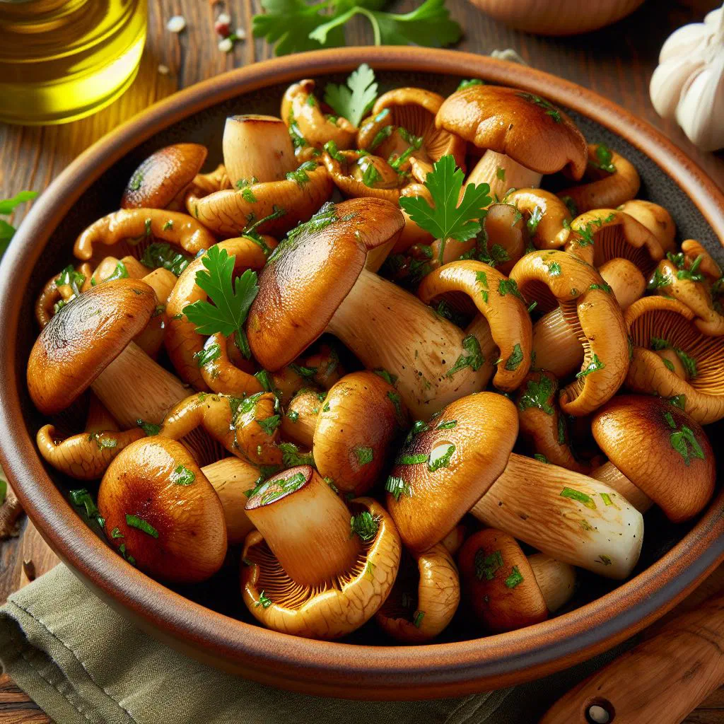 Pan-fried porcini mushrooms with garlic and fresh herbs in a rustic pan