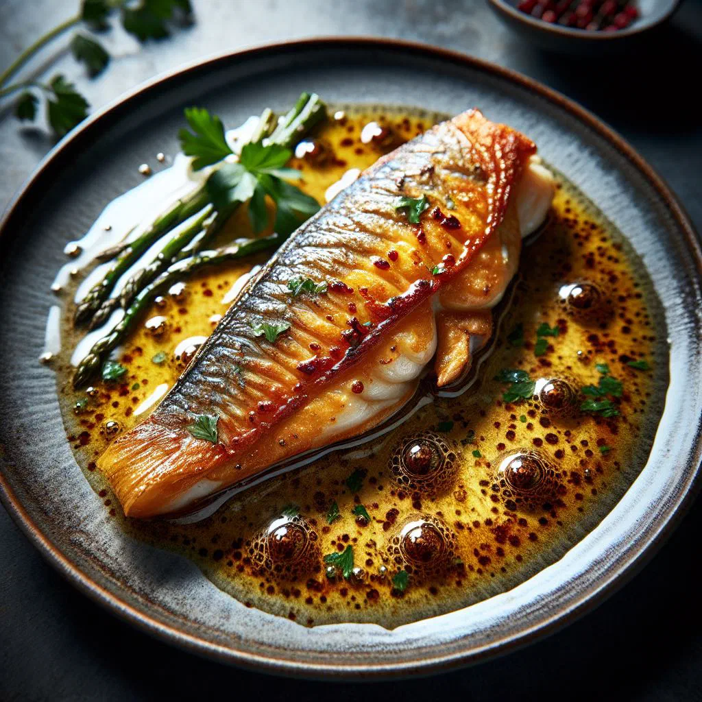 Golden pan-fried fish fillet with lemon butter sauce and parsley