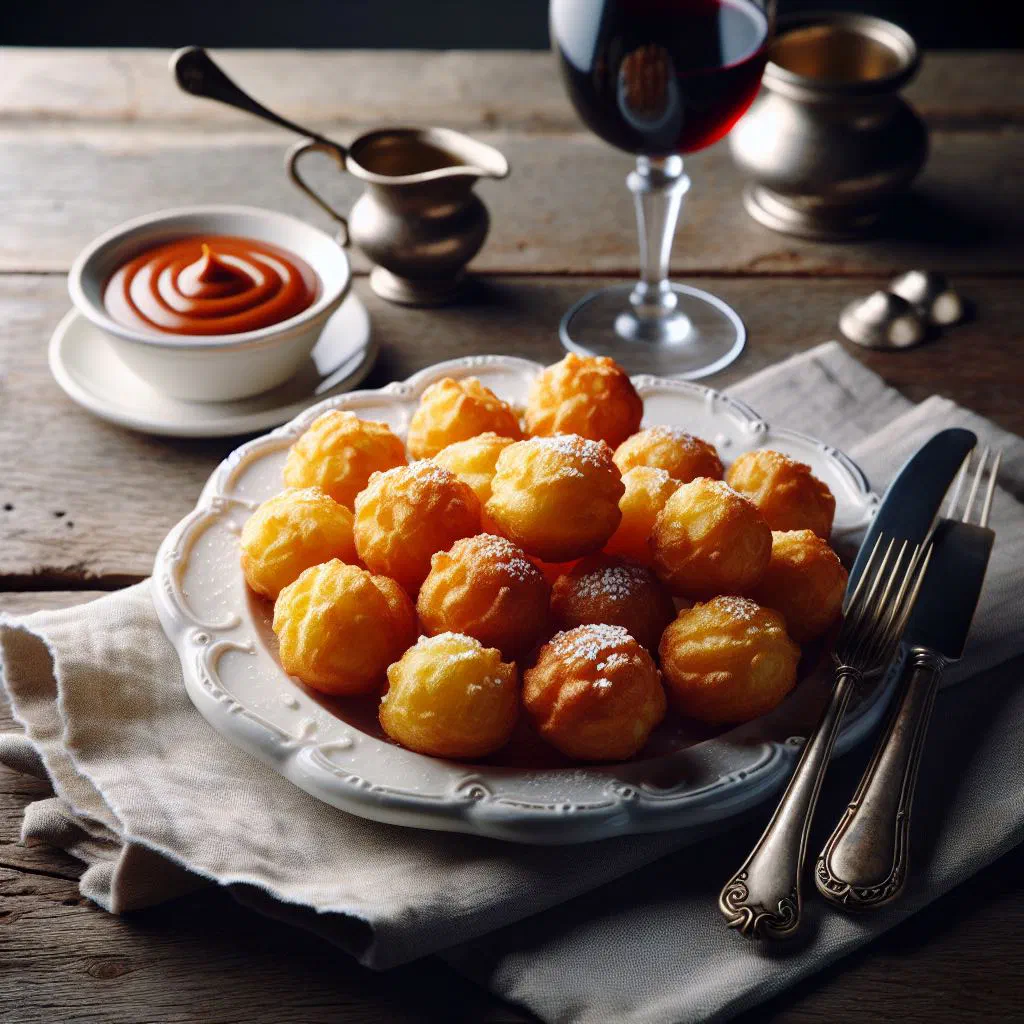 Golden, crisp pomme dauphine potato puffs piled on a plate